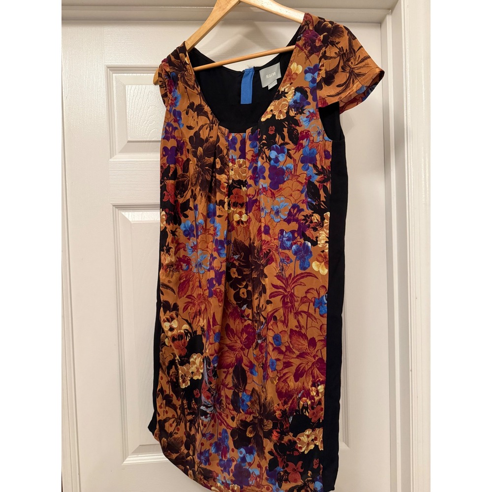 Maeve Shift Dress Womens Small Black Orange Floral Silk Front Exposed Zipper